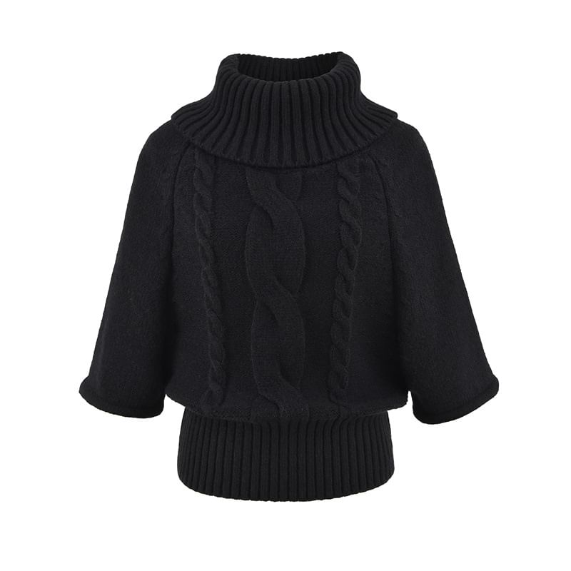 Solid Cable-Knit Sweater with Turtleneck & Three-Quarter Sleeves, Cozy Pullover