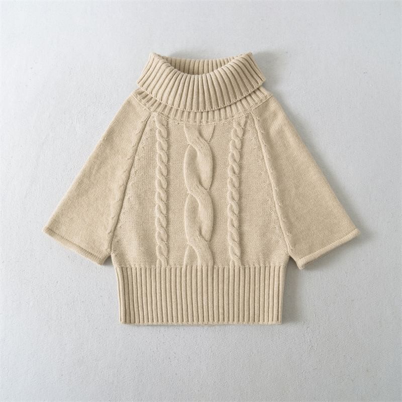 Solid Cable-Knit Sweater with Turtleneck & Three-Quarter Sleeves, Cozy Pullover