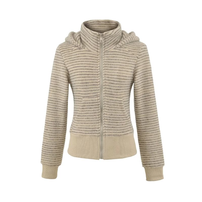 Striped Cropped Hoodie with Stand Collar, Zip-Up Front & Long Sleeves
