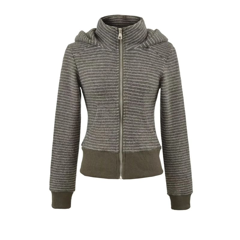 Striped Cropped Hoodie with Stand Collar, Zip-Up Front & Long Sleeves