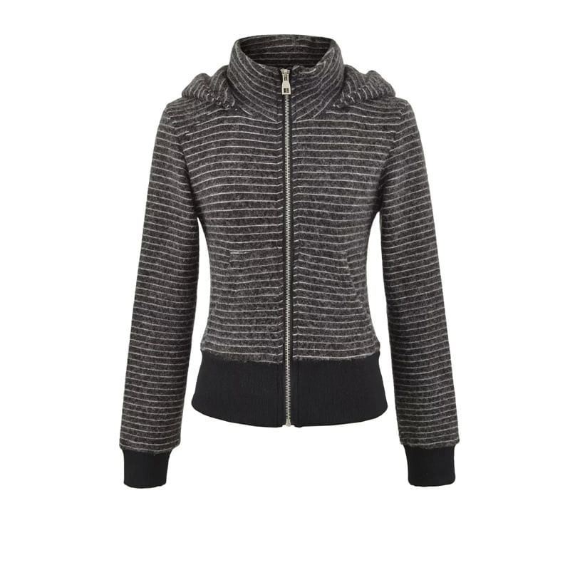Striped Cropped Hoodie with Stand Collar, Zip-Up Front & Long Sleeves
