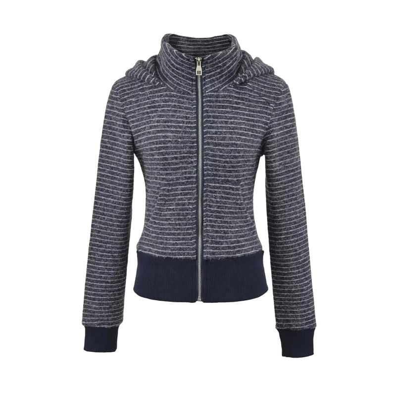 Striped Cropped Hoodie with Stand Collar, Zip-Up Front & Long Sleeves