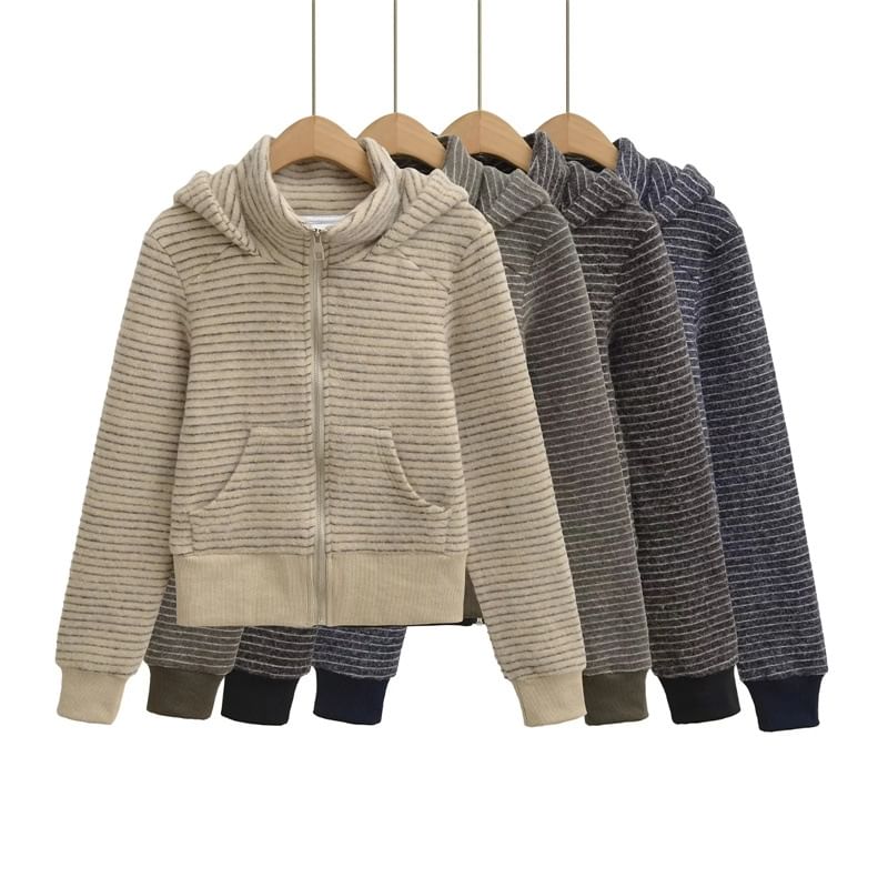 Striped Cropped Hoodie with Stand Collar, Zip-Up Front & Long Sleeves