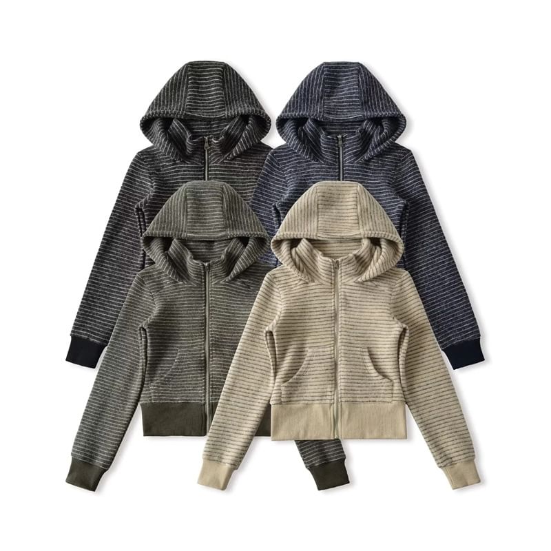 Striped Cropped Hoodie with Stand Collar, Zip-Up Front & Long Sleeves