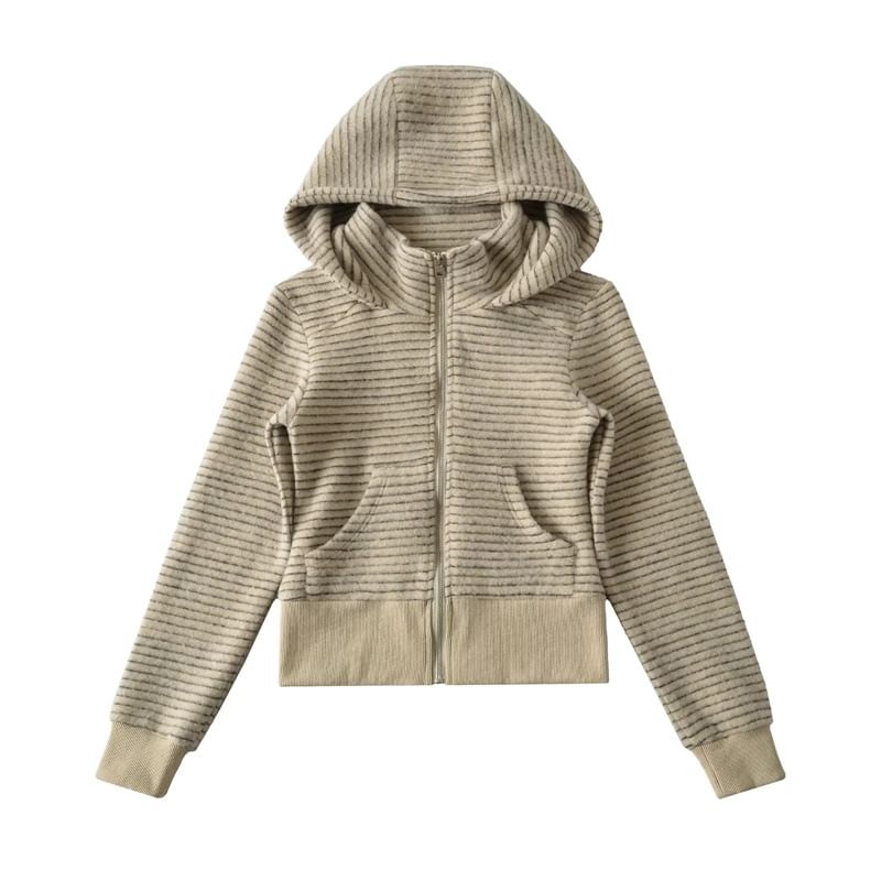 Striped Cropped Hoodie with Stand Collar, Zip-Up Front & Long Sleeves
