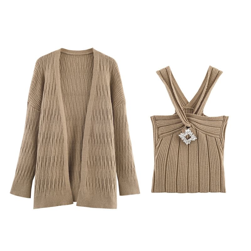 Ensemble: Open-Front Cardigan in Solid Color + Rhinestone-Embellished Halter Crop Knit Top
