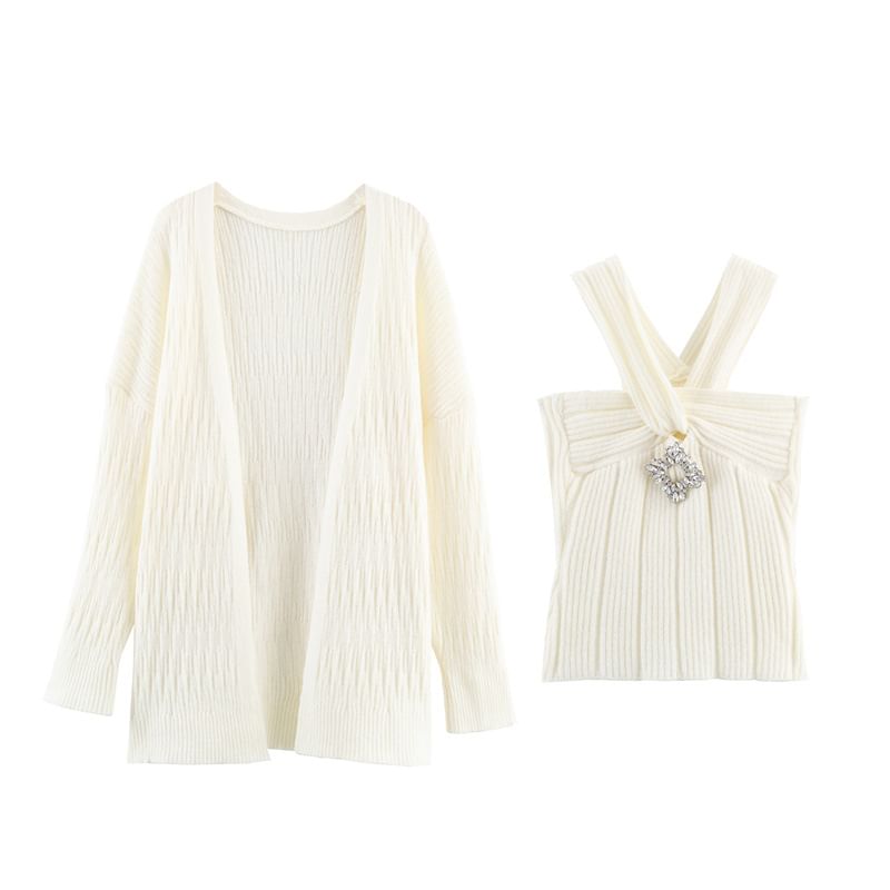 Ensemble: Open-Front Cardigan in Solid Color + Rhinestone-Embellished Halter Crop Knit Top