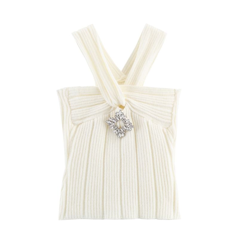 Ensemble: Open-Front Cardigan in Solid Color + Rhinestone-Embellished Halter Crop Knit Top