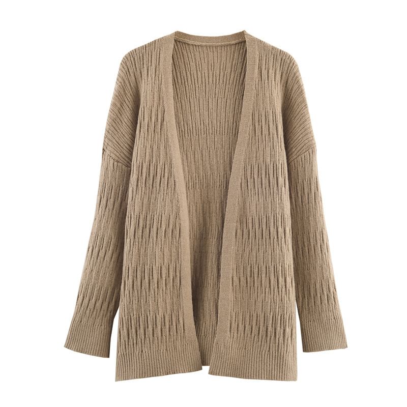 Ensemble: Open-Front Cardigan in Solid Color + Rhinestone-Embellished Halter Crop Knit Top