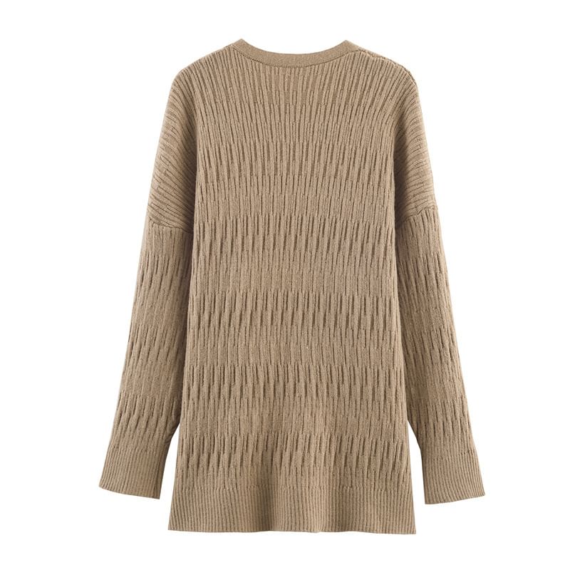 Ensemble: Open-Front Cardigan in Solid Color + Rhinestone-Embellished Halter Crop Knit Top