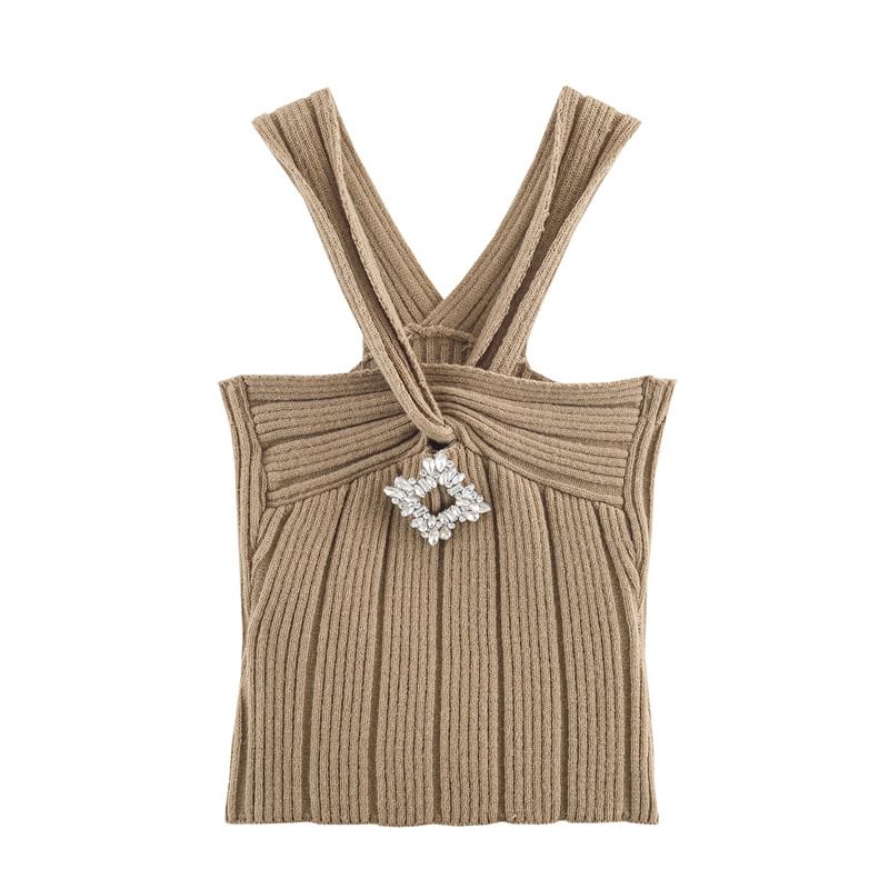 Ensemble: Open-Front Cardigan in Solid Color + Rhinestone-Embellished Halter Crop Knit Top
