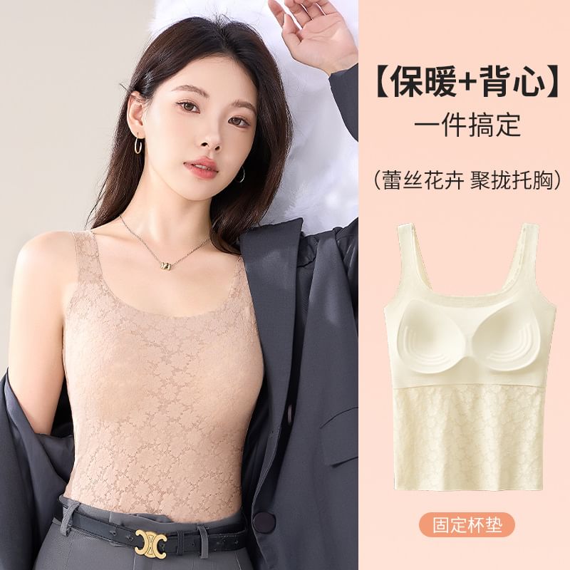 Lace-Trimmed Thermal Tank Top for Layering, Insulated Design