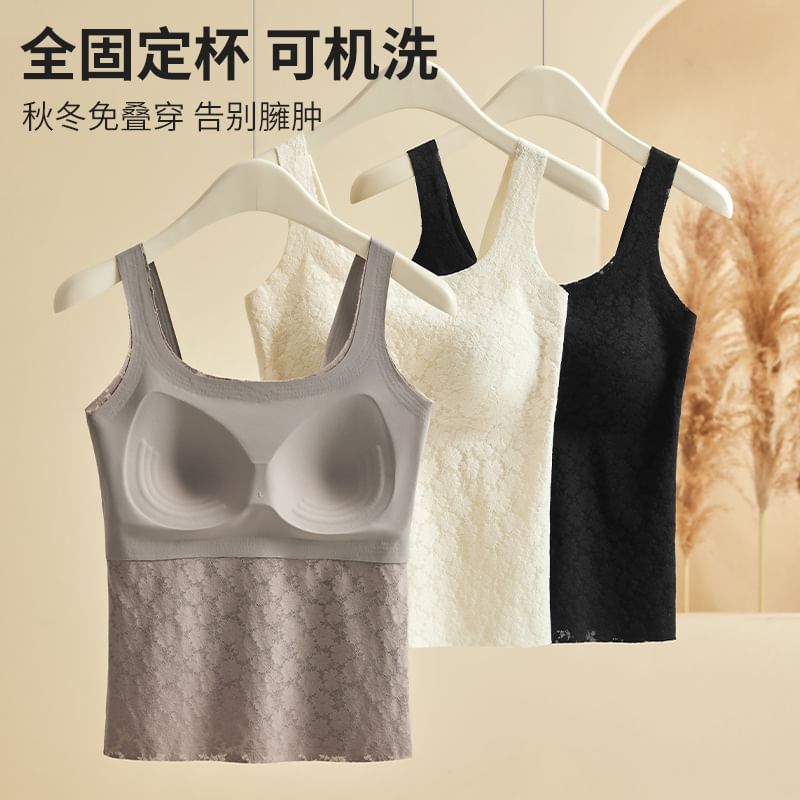 Lace-Trimmed Thermal Tank Top for Layering, Insulated Design