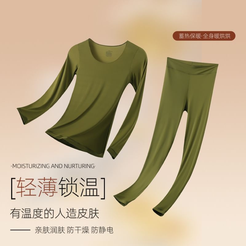 Two-Piece Set: Long-Sleeve Thermal Top + Leggings, Warm Base Layer Outfit