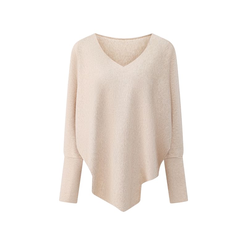Solid Knit Top with V-Neckline & Batwing Sleeves, Relaxed Fit Pullover