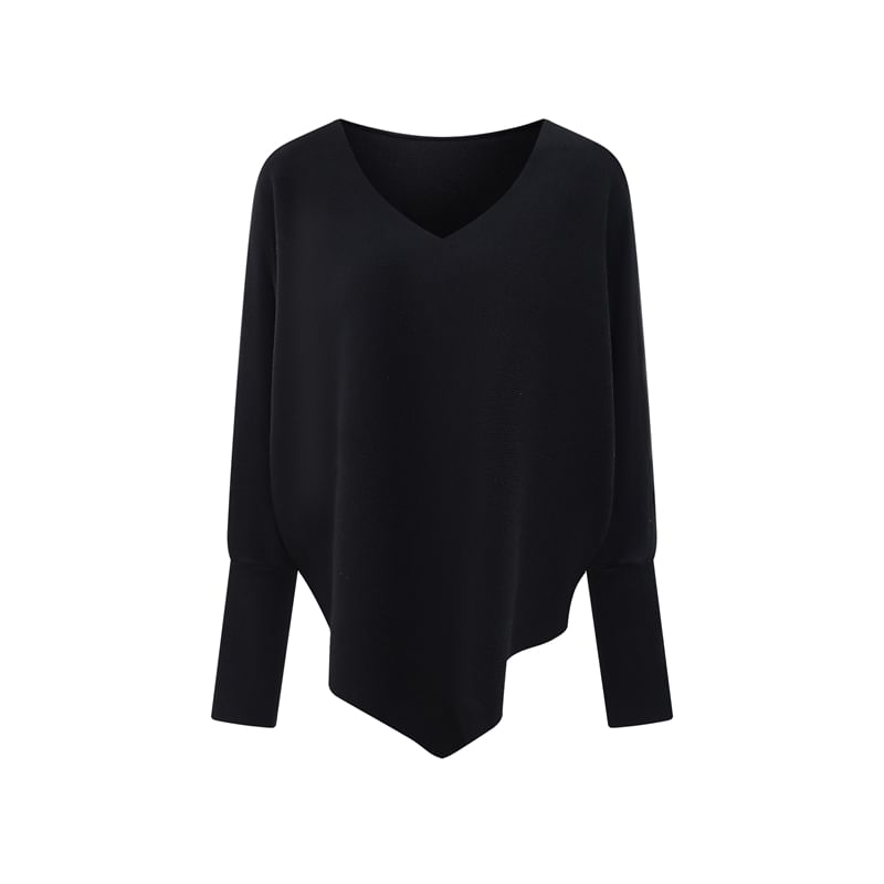 Solid Knit Top with V-Neckline & Batwing Sleeves, Relaxed Fit Pullover