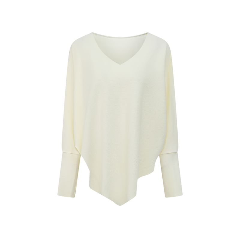 Solid Knit Top with V-Neckline & Batwing Sleeves, Relaxed Fit Pullover