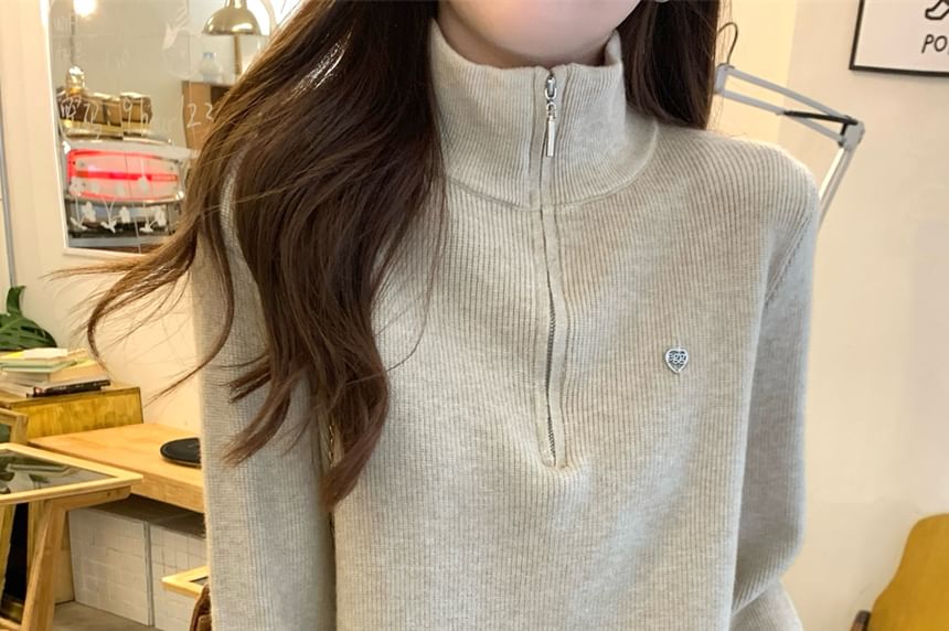Solid Sweater with Stand Collar & Half-Zip Front, Long Sleeve Pullover