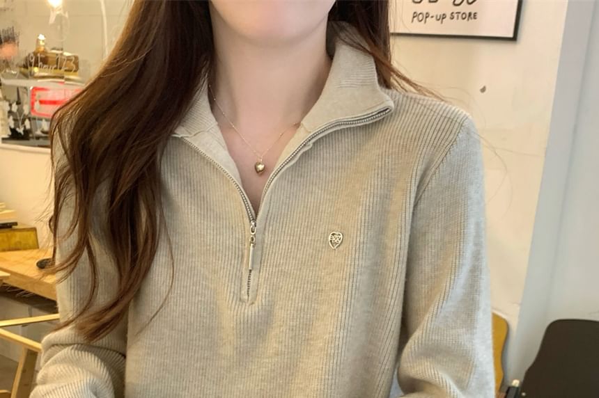 Solid Sweater with Stand Collar & Half-Zip Front, Long Sleeve Pullover