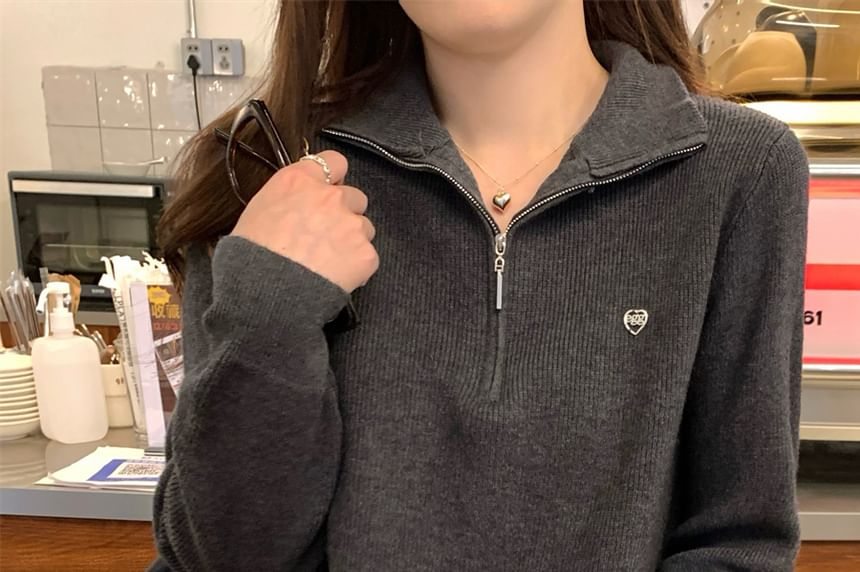 Solid Sweater with Stand Collar & Half-Zip Front, Long Sleeve Pullover