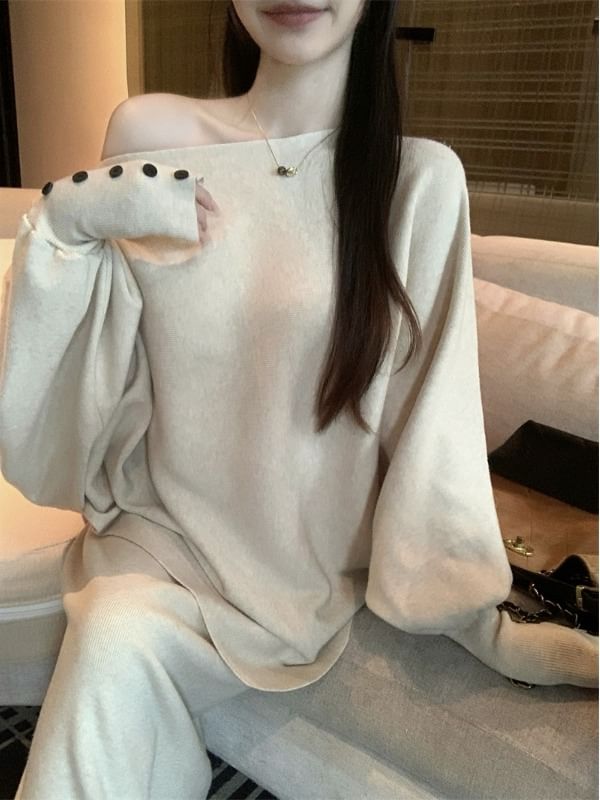 Solid Sweater with Boat Neckline & Batwing Sleeves + High-Waisted Maxi Pencil Skirt