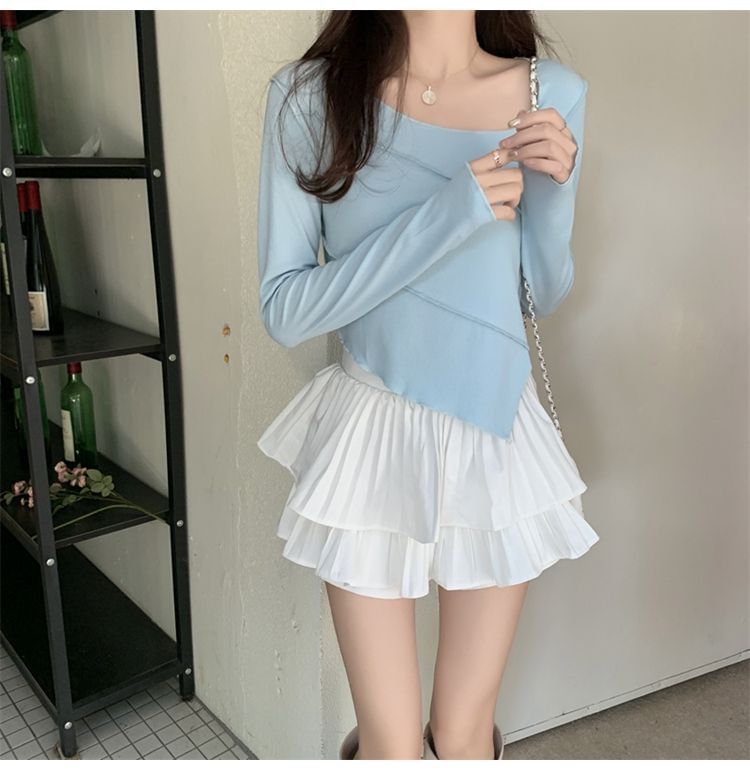 Plain Asymmetrical Long Sleeve Tee Shirt