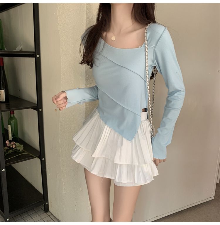 Plain Asymmetrical Long Sleeve Tee Shirt