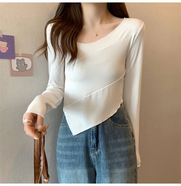 Plain Asymmetrical Long Sleeve Tee Shirt
