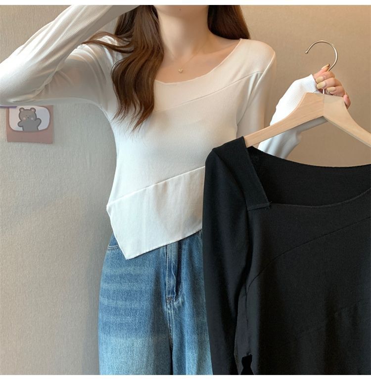 Plain Asymmetrical Long Sleeve Tee Shirt