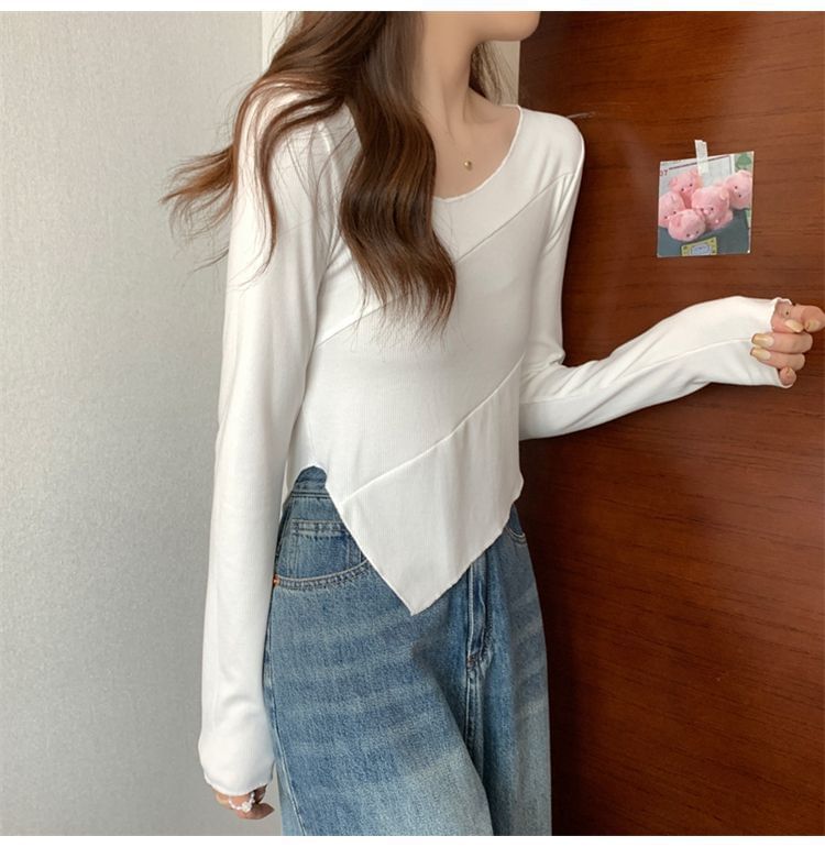 Plain Asymmetrical Long Sleeve Tee Shirt