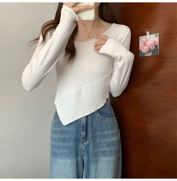 Plain Asymmetrical Long Sleeve Tee Shirt