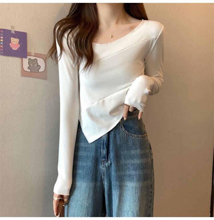Plain Asymmetrical Long Sleeve Tee Shirt