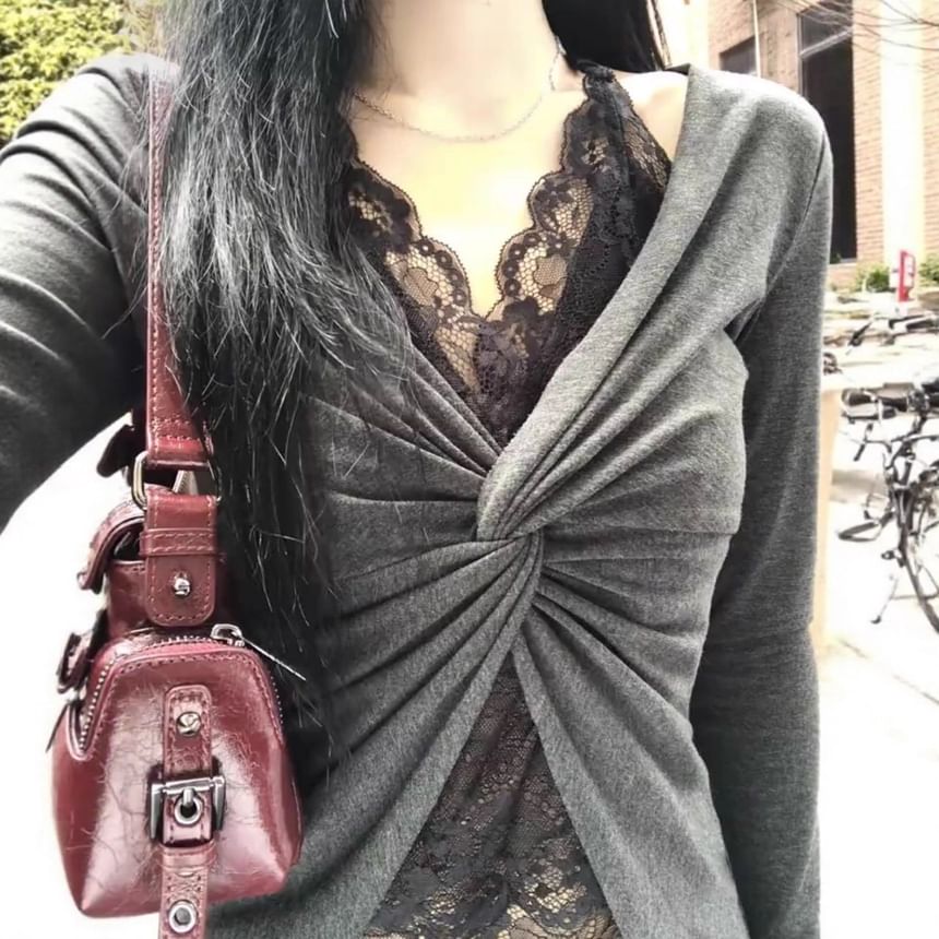 Long Sleeve V-Neck Lace Trim Knot Two-Piece Shirt