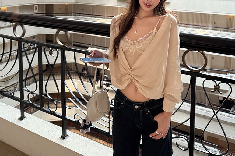 V-Neck Lace Panel Crop Cami and Long-Sleeve Knot Blouse Set
