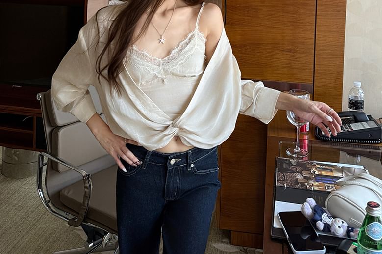 V-Neck Lace Panel Crop Cami and Long-Sleeve Knot Blouse Set