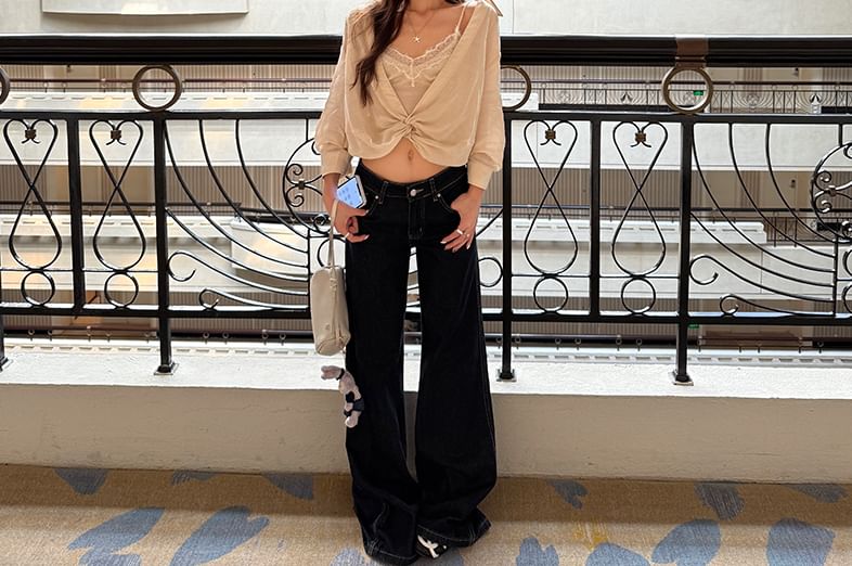 V-Neck Lace Panel Crop Cami and Long-Sleeve Knot Blouse Set
