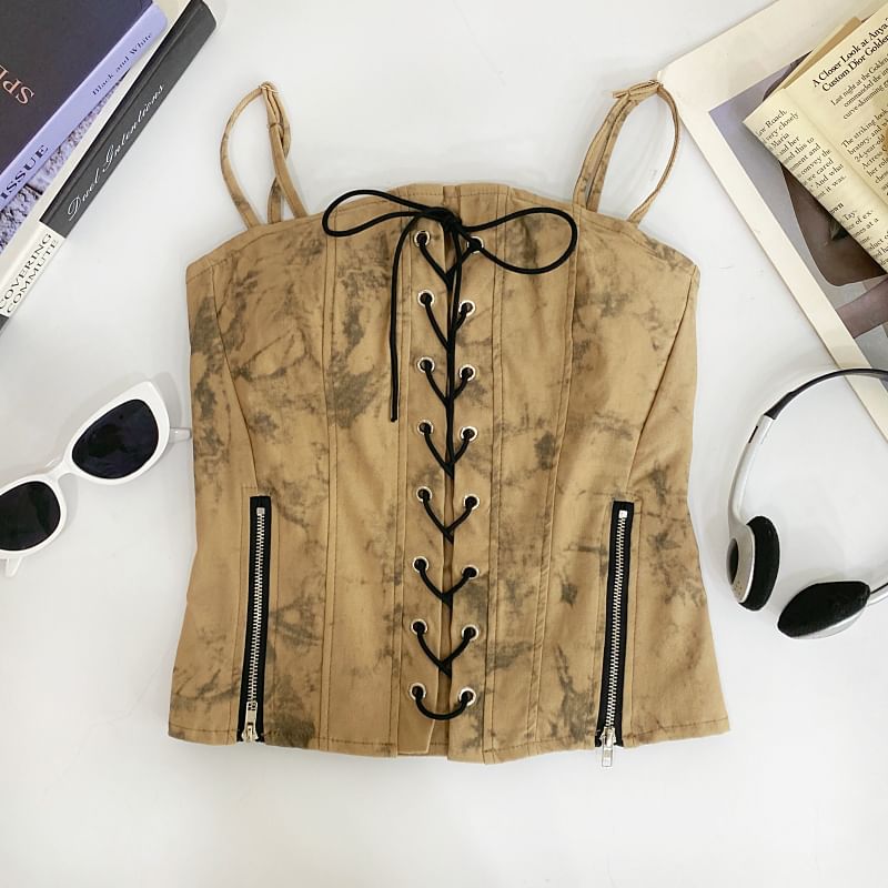 Tie Dye Zip-Front Crop Camisole with Slit Detail