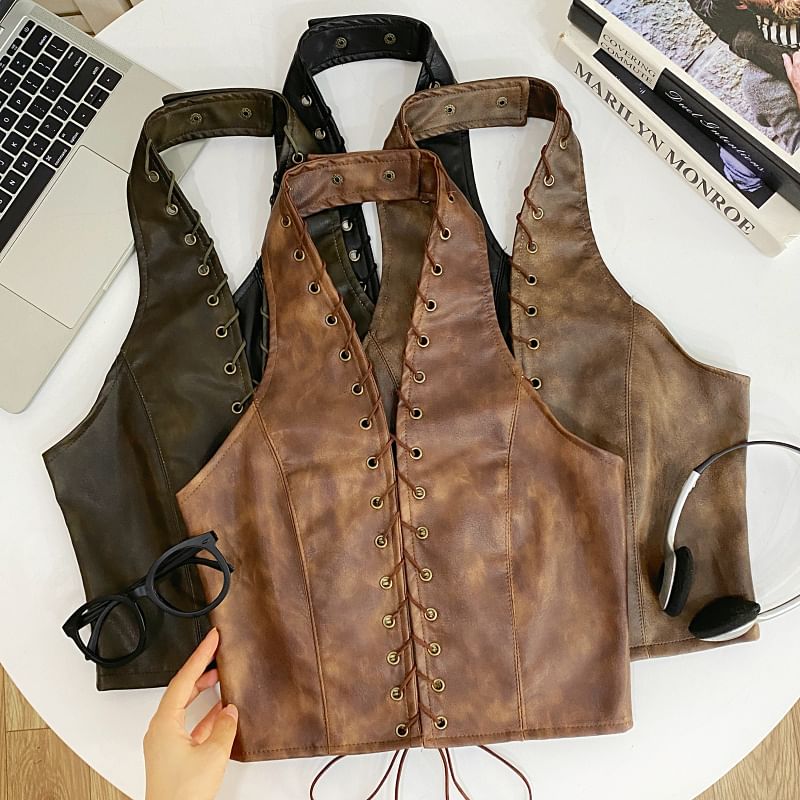 Faux Leather Halter Crop Top with V-Neck and Lace-Up Back