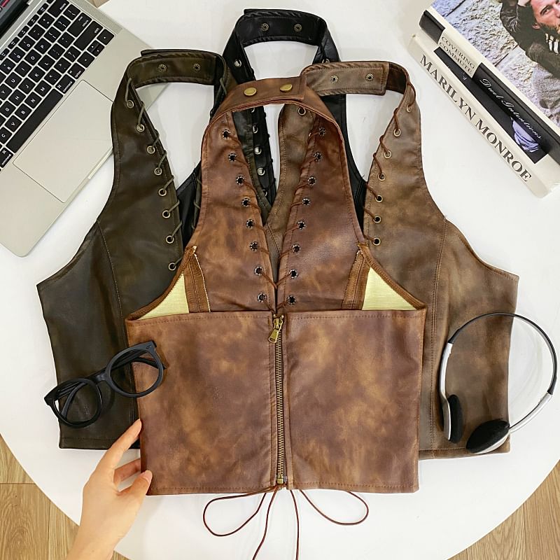 Faux Leather Halter Crop Top with V-Neck and Lace-Up Back