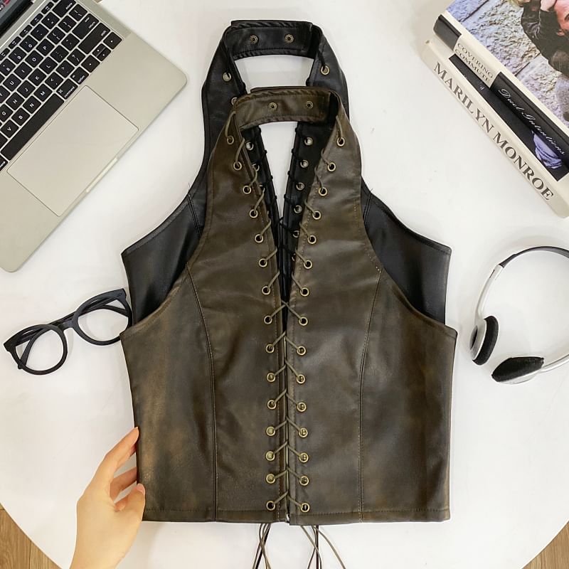 Faux Leather Halter Crop Top with V-Neck and Lace-Up Back
