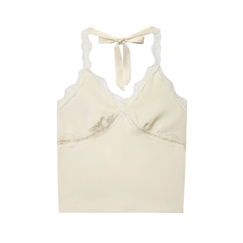 Satin Halter Crop Top with V-Neck and Lace Panel Back
