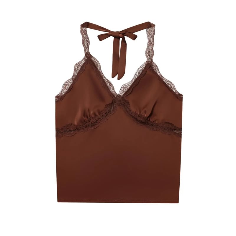 Satin Halter Crop Top with V-Neck and Lace Panel Back