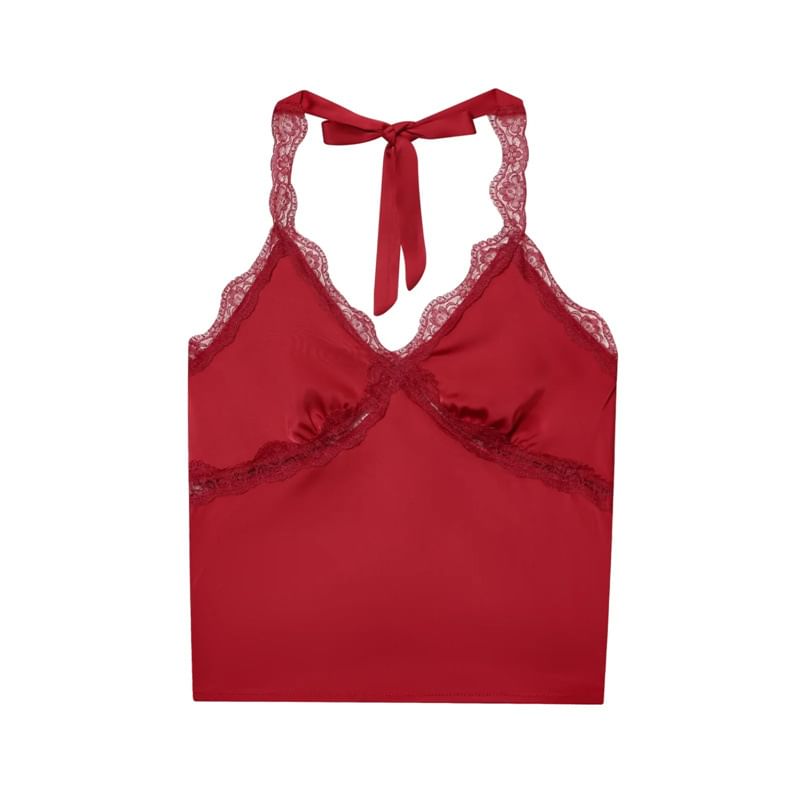 Satin Halter Crop Top with V-Neck and Lace Panel Back