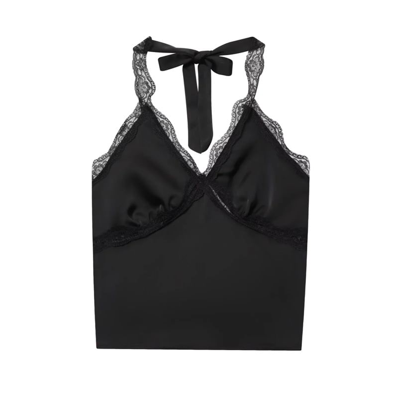 Satin Halter Crop Top with V-Neck and Lace Panel Back