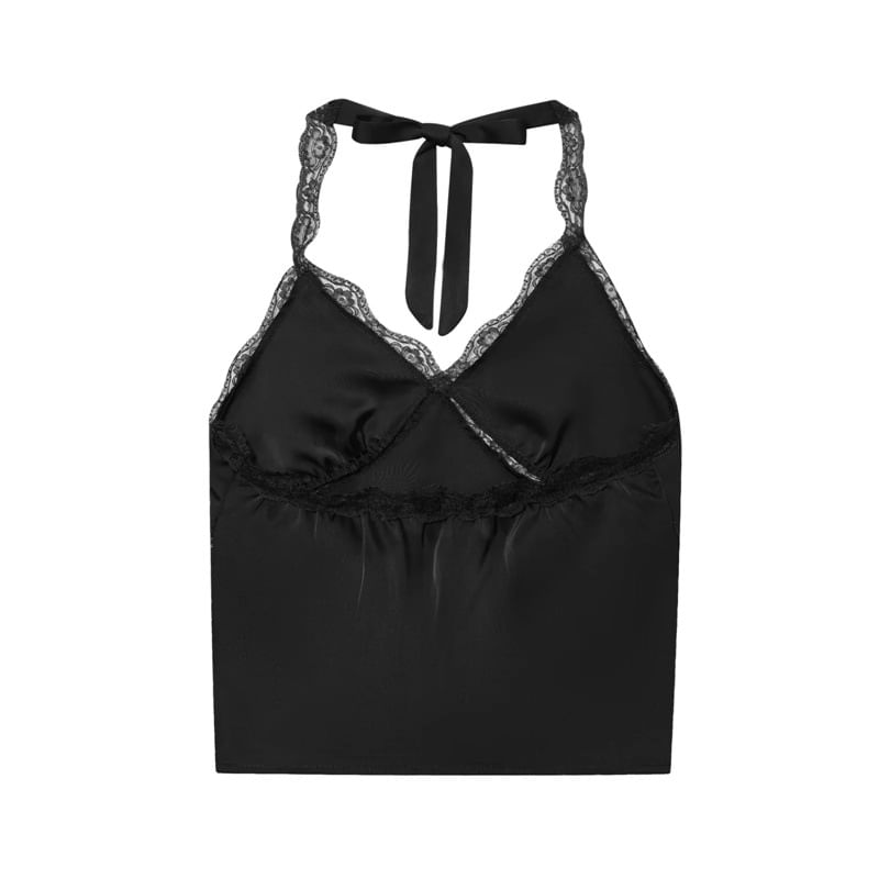 Satin Halter Crop Top with V-Neck and Lace Panel Back