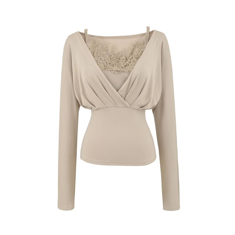 Set: Slim Fit Ruched Top + Lace Panel Padded Crop Camisole