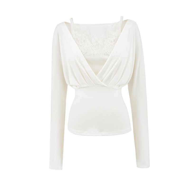 Set: Slim Fit Ruched Top + Lace Panel Padded Crop Camisole