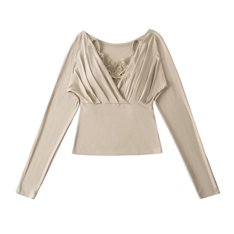 Set: Slim Fit Ruched Top + Lace Panel Padded Crop Camisole