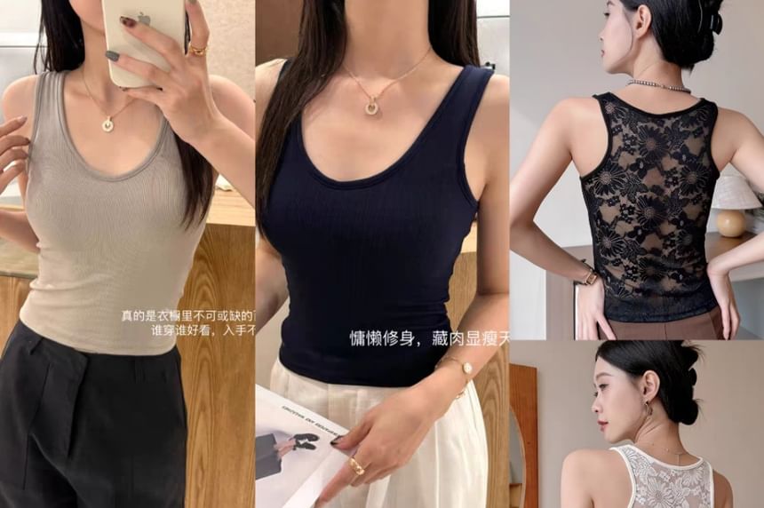 Scoop Neck Padded Lace Tank Top