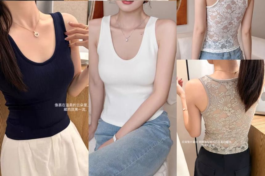 Scoop Neck Padded Lace Tank Top